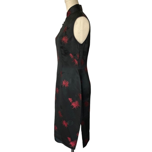 Vintage Silky Black and Red Asian Cheongsam Qipao Dress Symbol Floral Jacquard - Picture 3 of 7